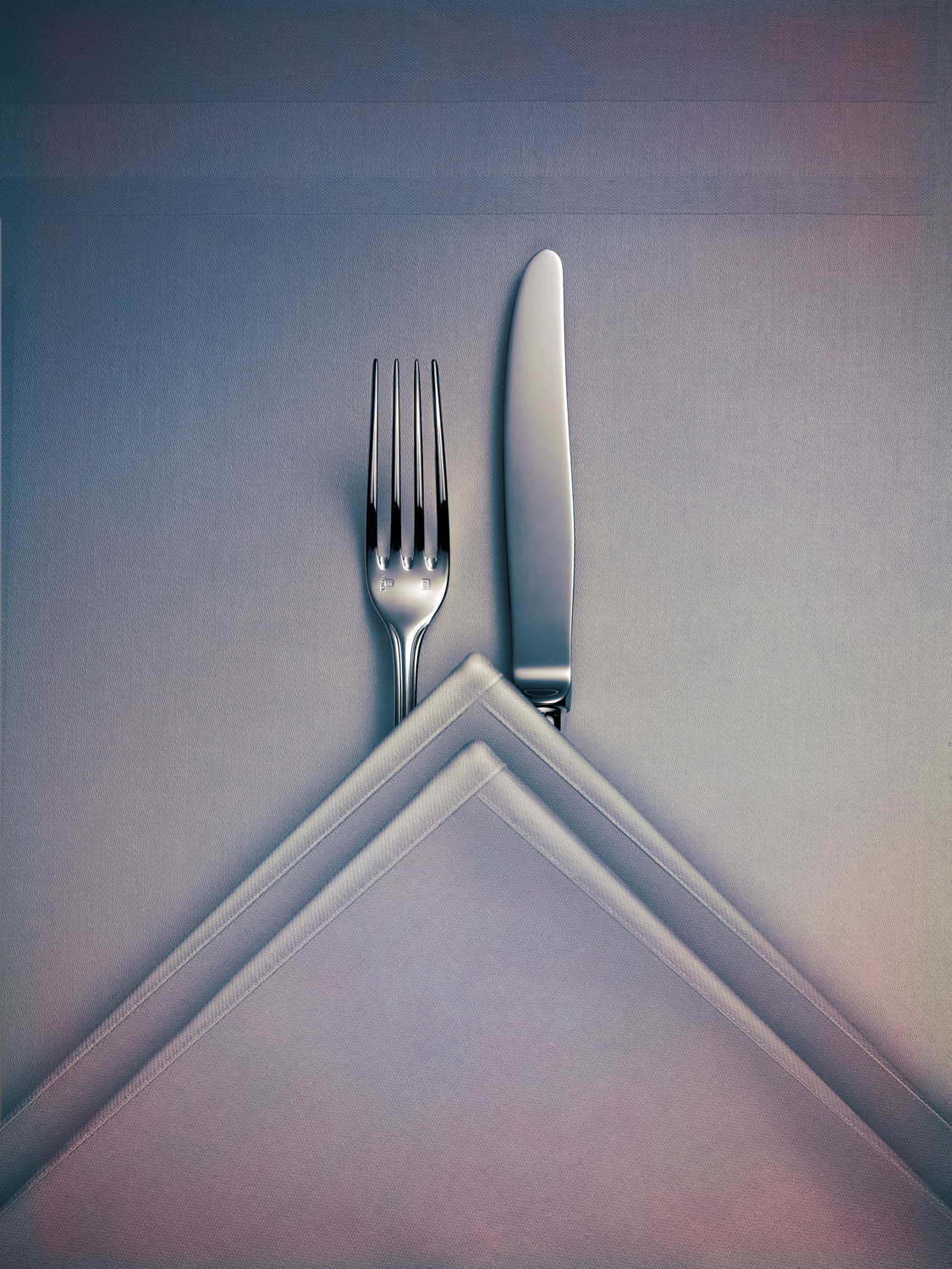 Fork; knife; napkin; table; cloth; citroën; car; bib gourmand; chevron; vork; mes; servet; tafel; tafelkleed; cutlery; bestek