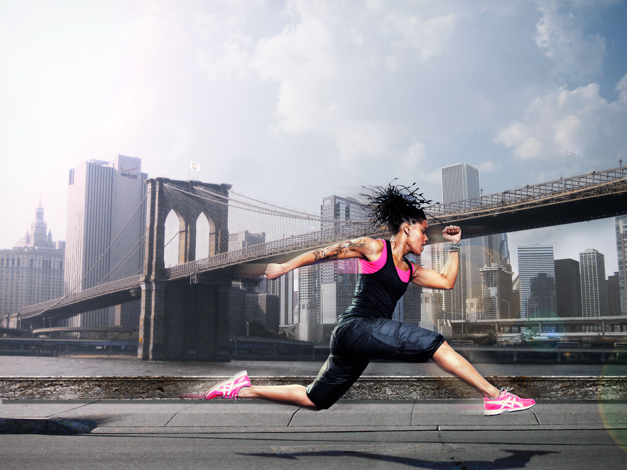 young; woman; portrait; studio; amsterdam; the netherlands; soft; colours; colors; black hair; jumping; springen; jong; vrouw; zacht; licht; zwart haar; pink; running; shoes; roze; hard; loop; schoenen; sky; line; New York; computer; composite